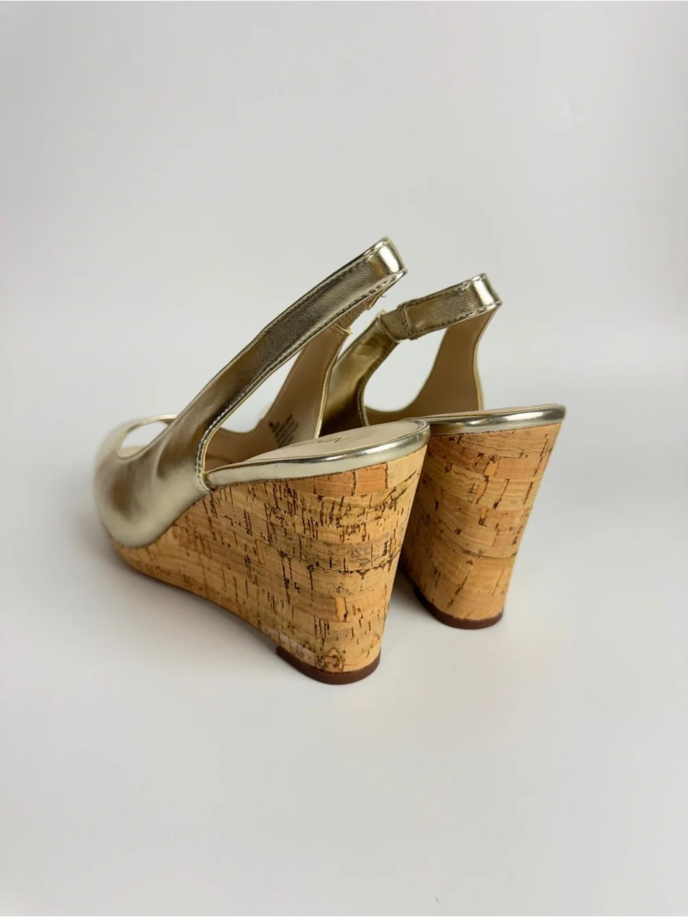 Nine West Gold Metallic Cork Wedge Slingback Peep-Toe Sandals